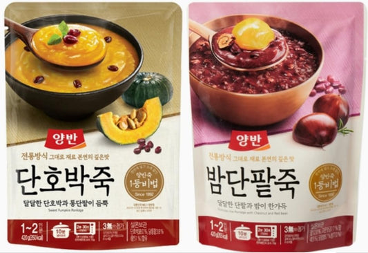 Dongwon Yangban Sweet Pumpkin Porridge 양반 단호박죽 (3 Pack), Rice Porridge with Chestnut and Red Bean 양반 밤단팥죽 (3 Pack) - Total 6 Pack