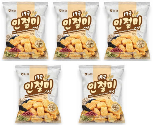 Nonghyup Korean Cracker Puffed 17 Grain Rice Cake Snack, 농협 국산 17곡으로 만든 콩고물 듬쁙입혀 고소하고 바삭한 17곡 인절미 스낵, 4.40oz - 5 Pack