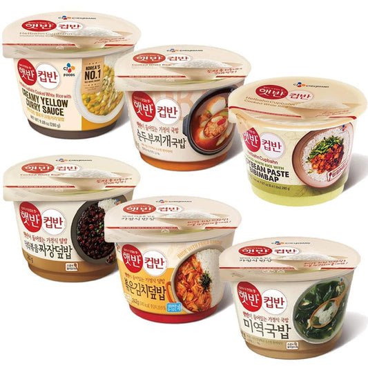 CJ Foods CJ Cupbahn Microwavable Rice Bowls Variety Pack Assorted Set Stir-Fried Kimchi , Soft Tofu Sew , Seaweed Soup , Yellow Cream Curry , Vegetable Bibimbap , Black Bean Sauce 6 Pack, 6 Piece Set