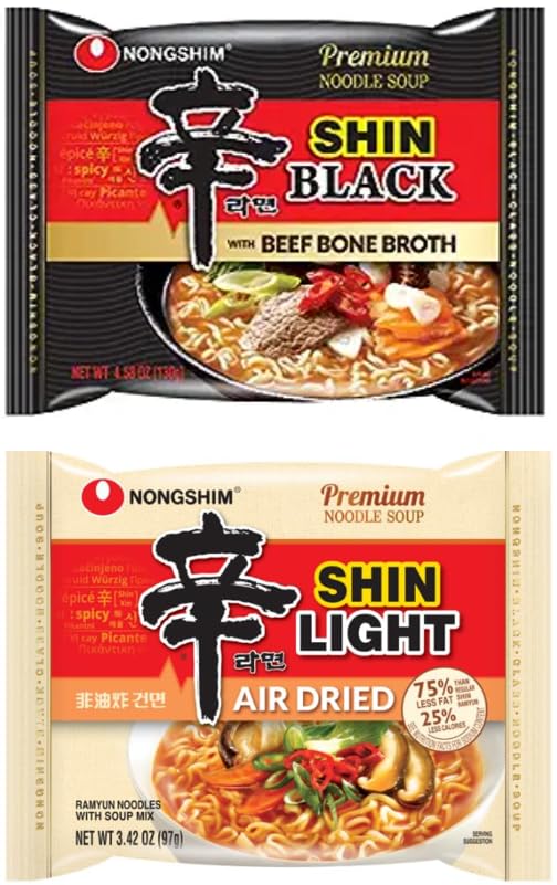 Nongshim Premium Ramen Combo, Shin Black with Beef Bone Broth (8Pack) and Shin Light Air Dried Ramen (8 Pack) - Total 16Pack