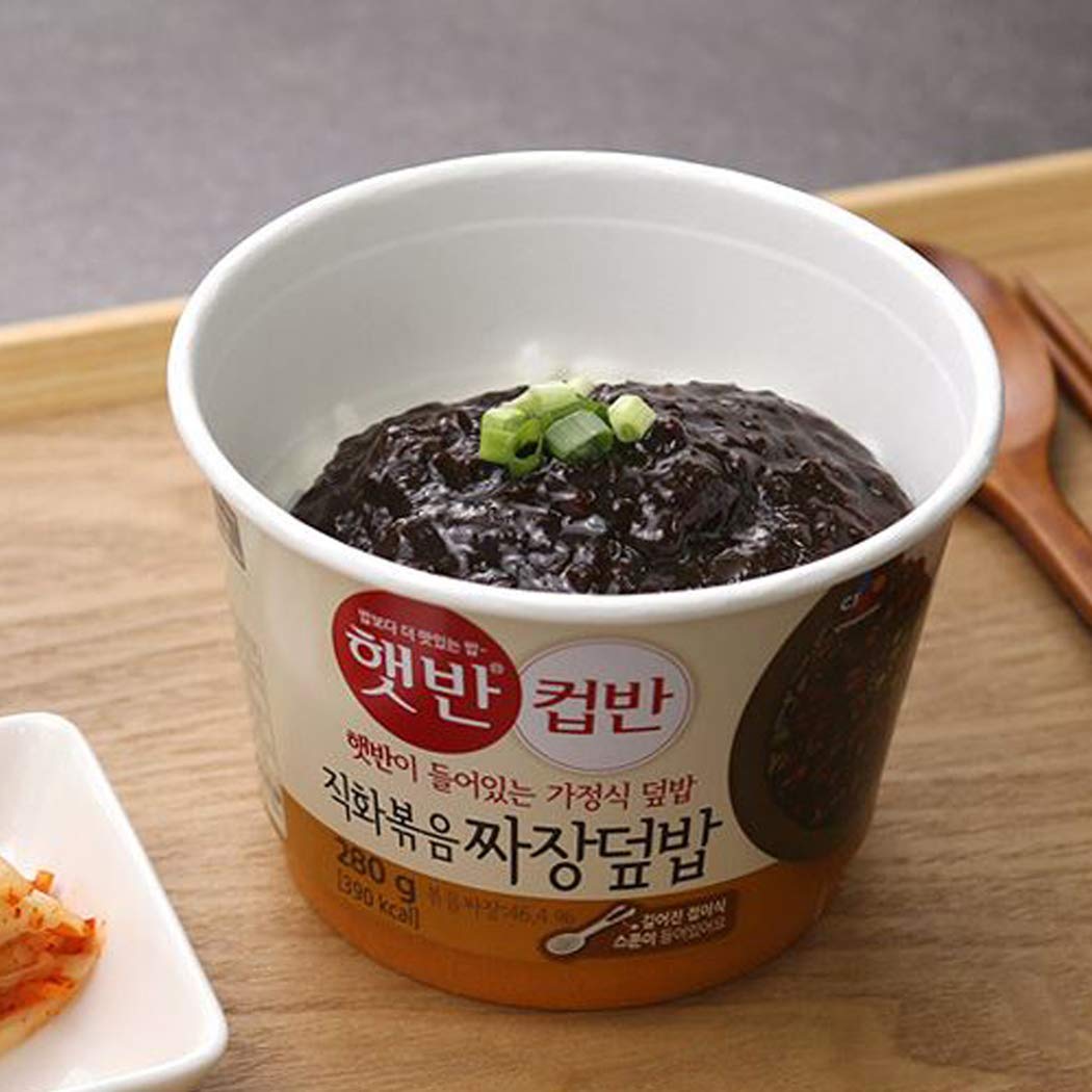 CJ Cupbahn Cooked White White Rice With Black Bean JJajang Sauce, 햇반 컵반 직화볶음 짜장덮밥 ( 280g,4 Bowls)
