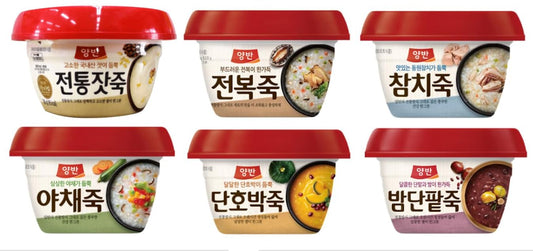 Dongwon Yangban Korean Traditional Rice Porridge Combo, Rice Porridge With Pine Nut ,Abalone, Tuna, Vegetable, Sweet Pumpkin, Sweet Red bean witn chestnut 양반 고소한 국내산 잣이 듬쁙 전통 잣죽 ,양반 부드러운 전복이 한가득 전복죽, 양반 맛있는 동원참치가 듬쁙 참치죽, 양반 싱싱한 야채가 듬쁙 야채죽, 양반 달
