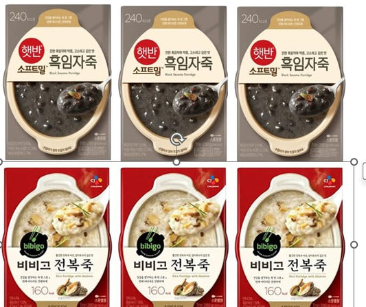 CJ Foods Bibigo Black Sesame Porridge (3 Pack), Rice Porridge With Abalone (3Pack), Korean Rice Porridge Combo, 햇반 진한 흑임자와 약콩, 고소하고 깊은맛 흑임자죽 (280g, 3Pack) 쫄깃한 전복과 버섯,양지육수의 깊은맛 전복죽 (280g, 3Pack) - (Pack of 6)