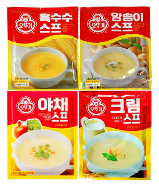 Ottogi Soup 2.8 Oz 4 Pack Combo!!! One of Each on (Mushroom Cream Soup, Cream Soup, Corn Cream Soup, and Vegetable Cream Soup)