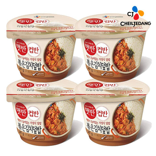 CJ Cupbahn White Rice With Stir Fried Kimchi, 햇반 컵반 볶음김치 덮밥  (247g, 4 Bowls)