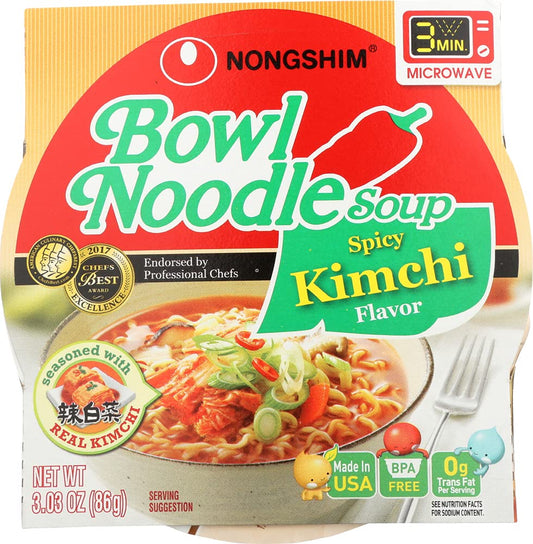 Nongshim Spicy Kimchi Bowl Noodle, Instant Noodle Soup With Real Kimchi Spicy Kimchi No Msg 12 Packs of 3.03 Oz,농심 김치 사발