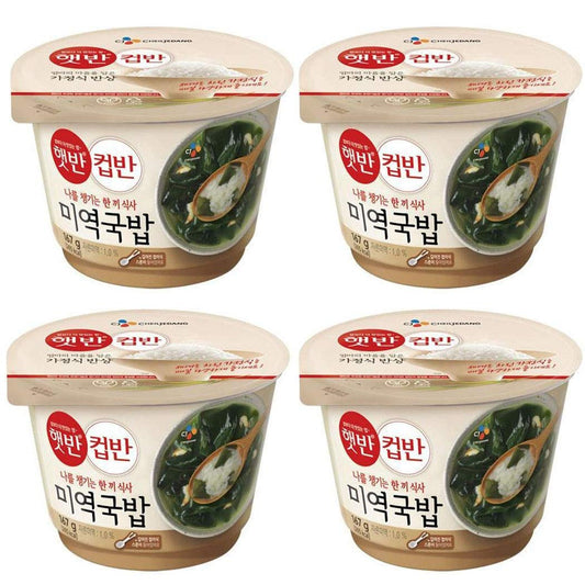 CJ Cupbahn Korean Pre-Cooked Meal with White Rice - 25 Taste by Hetbahn 컵반 햇반 (Seaweed Soup, 4 Bowls)