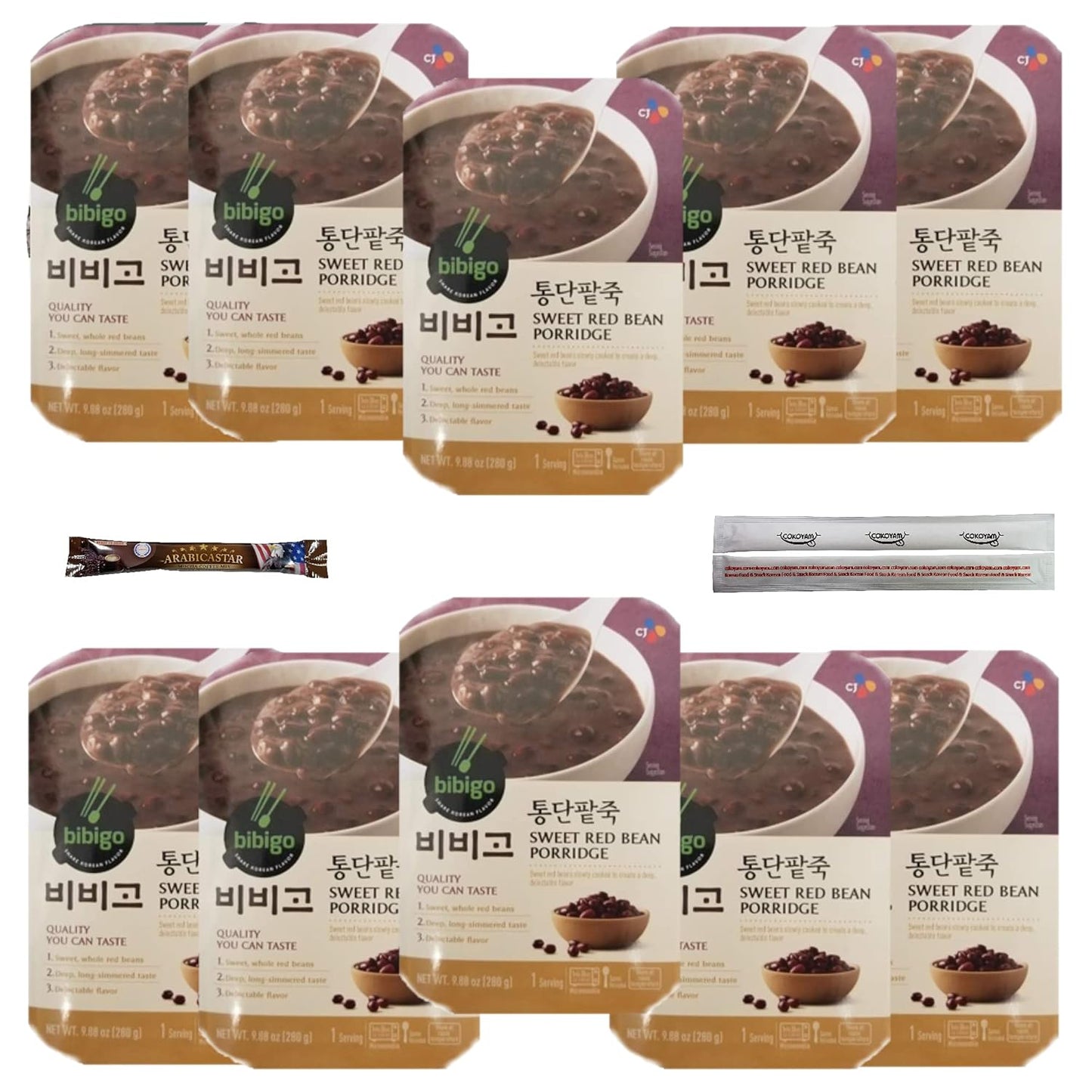 CJ BIBIGO Korean Rice Porridge With Sweet Red Bean 10 Pack, CJ 비비고 통단팥죽 (180ml x 10)
