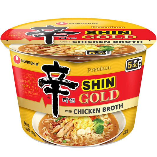 NongShim Bowl Noodle Soup Gold with Chicken Broth, Gourmet Spicy, 3.56 oz (101g) x 6 Bowls