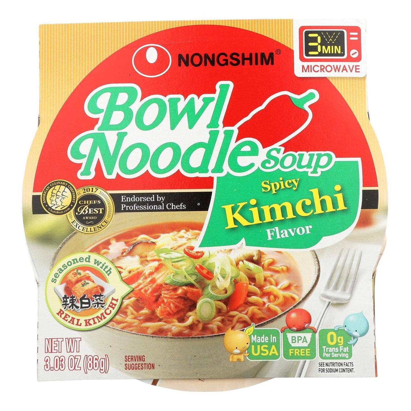 Nong Shim Kimchi Bowl Noodle Soup 농심 김치 사발면- Vegan -3.03 oz, Pack of 12