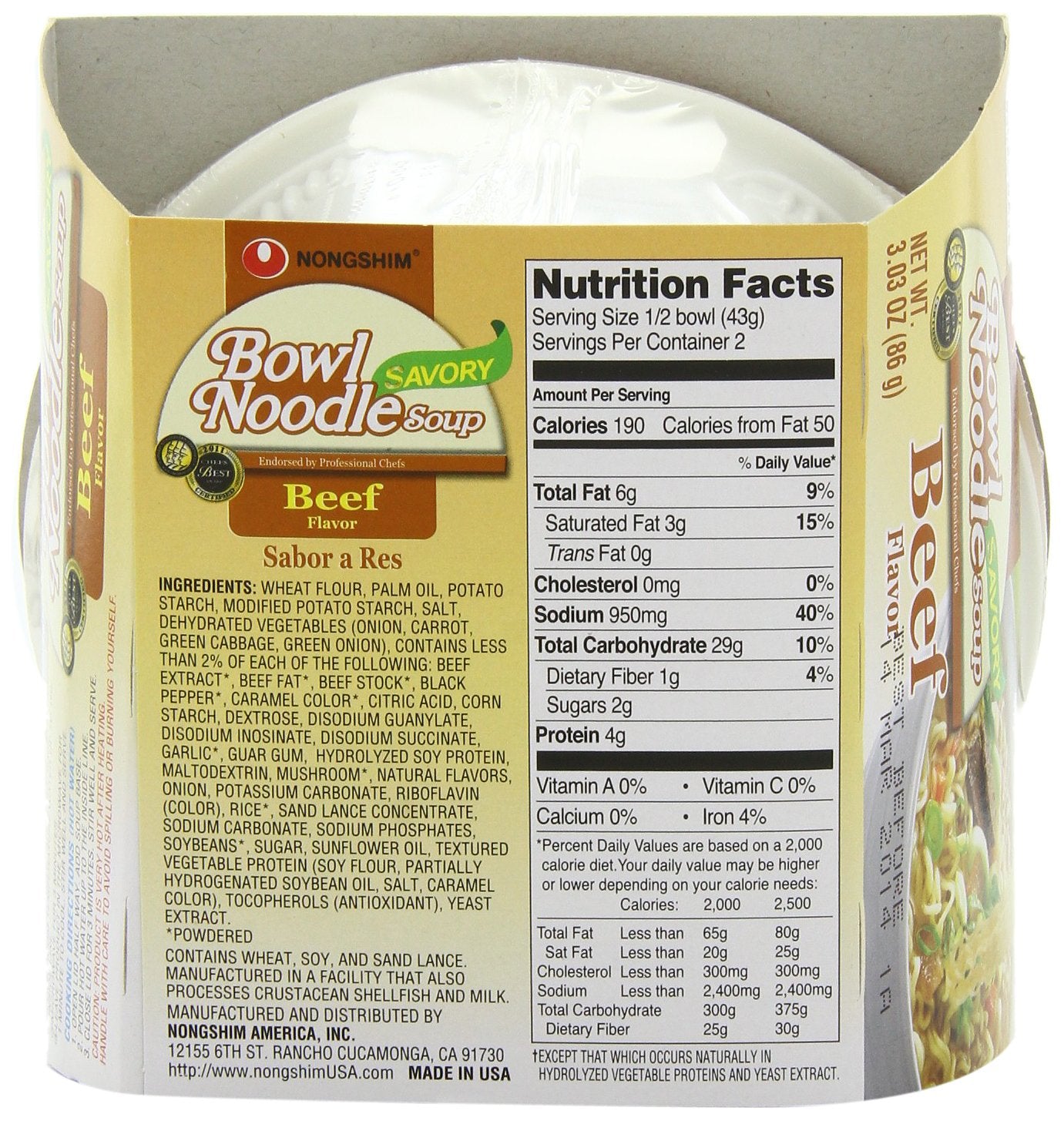 NongShim Bowl Noodle Soup, Beef,  3.03 Ounce (Pack of 12)
