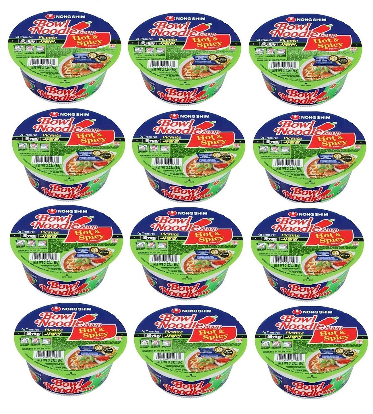 Nongshim Bowl Noodle Instant Noodle Soup Hot&spicy No Msg 12 Packs of 3.03 Oz