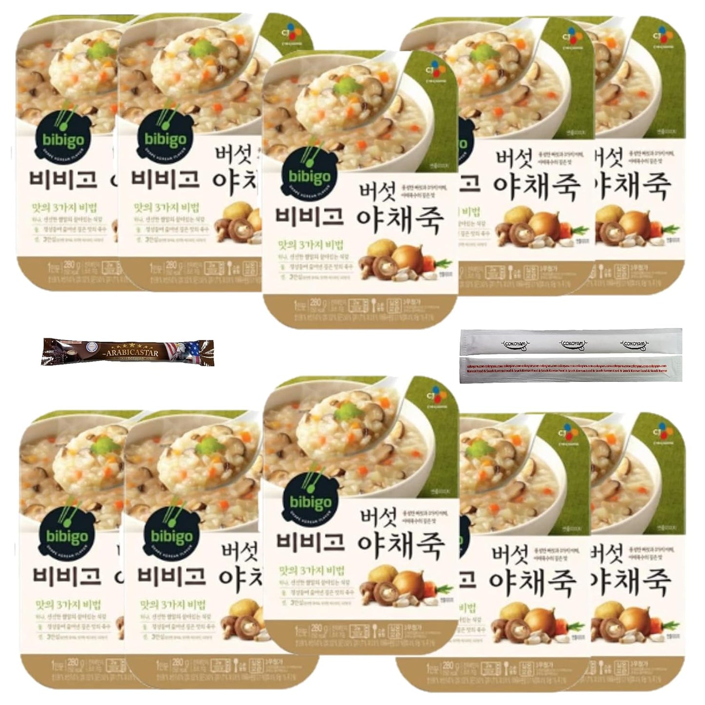 CJ BIBIGO Korean Rice Porridge With Mushroom and Vegetable 10Pack, CJ 비비고 버섯 야채죽 (180ml x 10))
