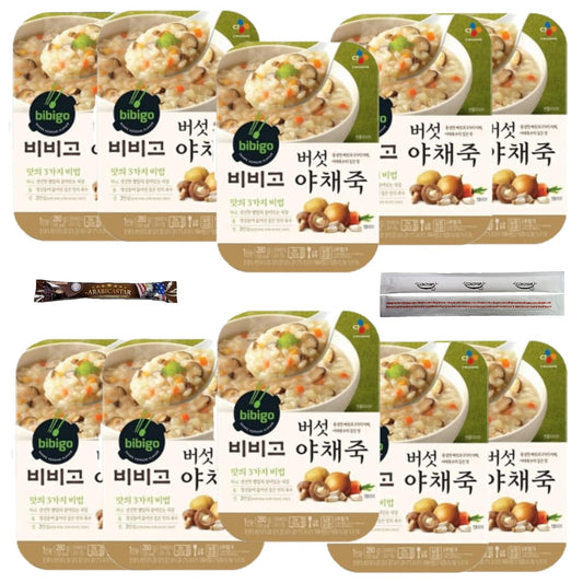 CJ BIBIGO Korean Rice Porridge With Mushroom and Vegetable 10Pack, CJ 비비고 버섯 야채죽 (180ml x 10))