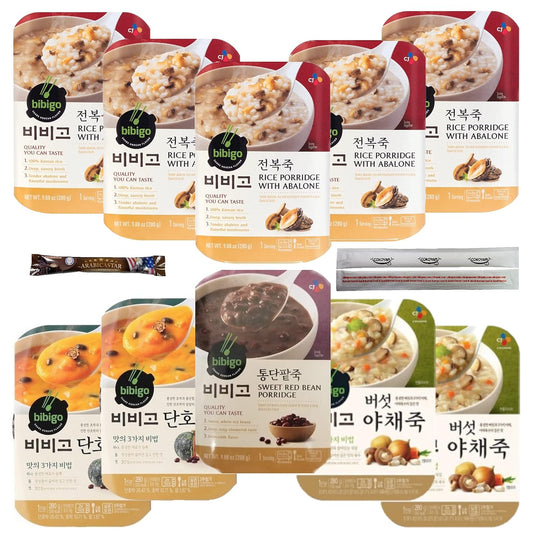 CJ BIBIGO Korean Porridge Combo - Avalon Rice (180ml x 5), Sweet Pumpkin(180ml x 2), Mushroom & Vegetable(180ml x 2), and Sweet Red Bean(180ml x 1) Combo (10 Combo)