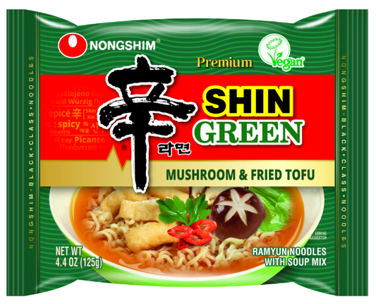Nongshim Premium Shin Green, Vegan, Veggie, Meatless Shin Ramen Green Mushroom & Fried Tofu/Korean Instant Ramen Noodle (Pack of 4), Set of 2 -Total 8 Pack